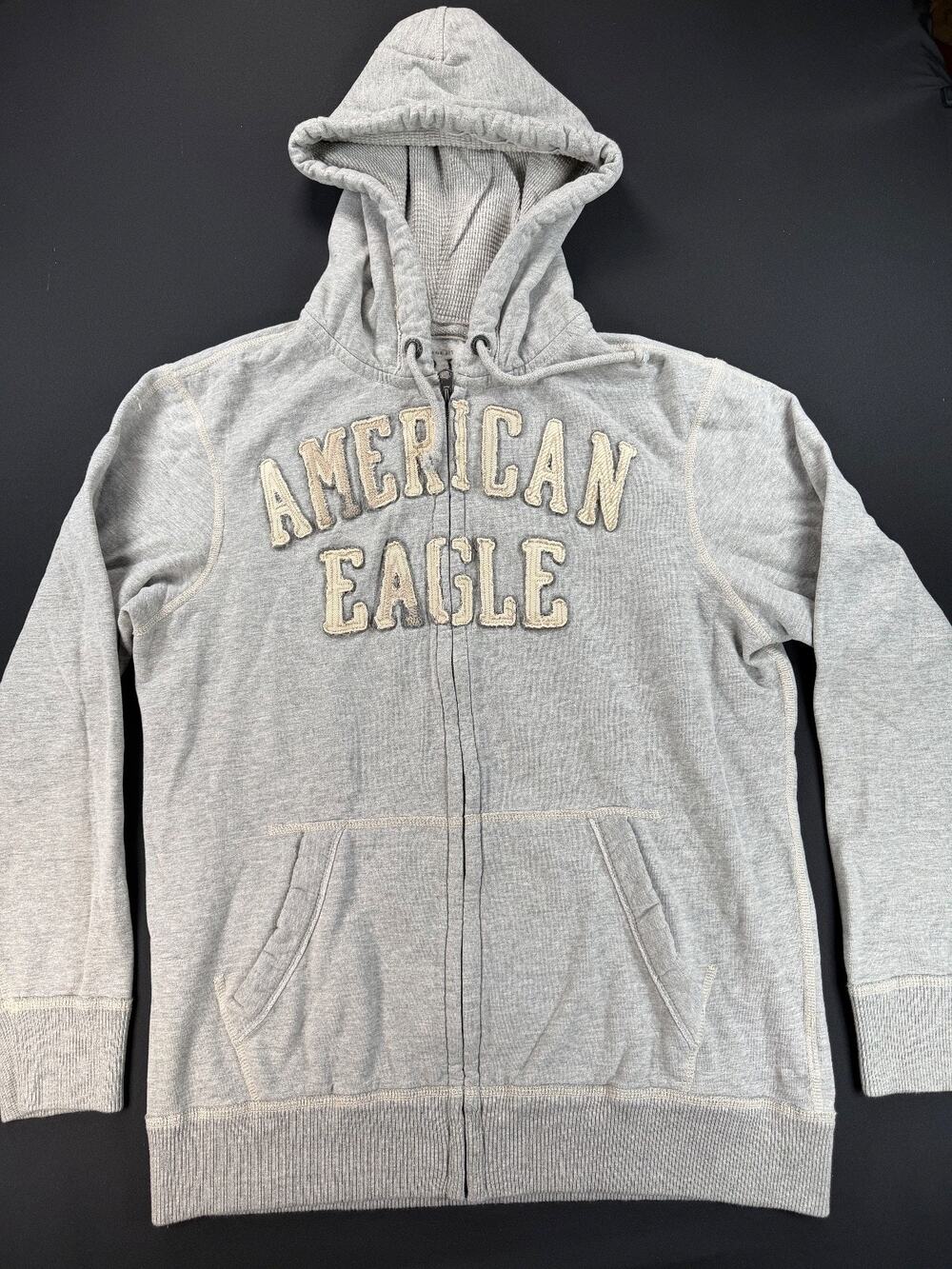 Y2K American Eagle Full Zip Grey Hoodie Sweatshirt (Men's LT - Large Tall)